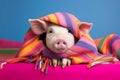 Studio portrait of a pig or piglet wearing knitted hat, scarf and mittens. Colorful winter and cold weather concept