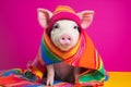 Studio portrait of a pig or piglet wearing knitted hat, scarf and mittens. Colorful winter and cold weather concept