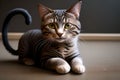 studio portrait of playful grey and white kitten playing with small toy against a light grey background