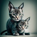 studio portrait of playful grey and white kitten playing with small toy against a light grey background