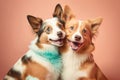 Studio portrait of positive overjoyed young dogs smiling and hugging, created with Generative AI technology