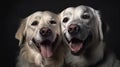 Studio portrait of positive overjoyed young dogs smiling and hugging. Generative ai