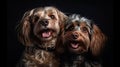 Studio portrait of positive overjoyed young dogs smiling and hugging. Generative ai