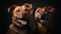 Studio portrait of positive overjoyed young dogs smiling and hugging. Generative ai