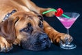 Studio portrait of puppy big dog Boerboel breed, ginger color with dark mask on its face, with vibrant pink cocktail neart.