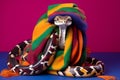 Studio portrait of a python (snake) wearing knitted hat, scarf and mittens. Colorful winter and cold weather concept