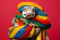 Studio portrait of a python (snake) wearing knitted hat, scarf and mittens. Colorful winter and cold weather concept