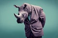 a rhinoceros in a business suit being sad and despaired, created with Generative AI technology