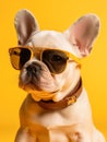 Studio Portrait of a serious Boston Terrier breed dog wearing glasses on yellow wall