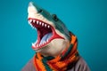 Studio portrait of a shark wearing knitted hat, scarf and mittens. Colorful winter and cold weather concept