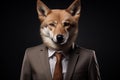 Studio portrait of a Shiba Inu dog wearing a suit and tie. Anthropomorphic animals concept