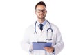 Portrait of young male doctor standing at isolated white background Royalty Free Stock Photo