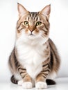 Studio portrait of a sitting tabby cat looking forward against a white background