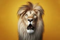 Studio portrait of surprised lion on bright yellow bright studio banner with empty copy space. ai generative