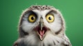 Studio portrait of surprised owl, isolated on light green background. Royalty Free Stock Photo