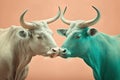 Studio portrait of two bulls in casual clothes kissing, created with Generative AI technology