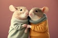 Studio portrait of two happy mouse hugging, concept of Rodents and Happiness, created with Generative AI technology