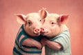 Studio portrait of two happy pigs in casual clothes hugging, created with Generative AI technology