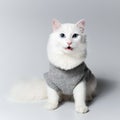 Studio portrait of white cat with blue eyes wearing grey sweater, on light gray background. Looks curiously at camera with open. Royalty Free Stock Photo