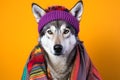 Studio portrait of a wolf wearing knitted hat, scarf and mittens. Colorful winter and cold weather concept