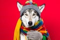 Studio portrait of a wolf wearing knitted hat, scarf and mittens. Colorful winter and cold weather concept