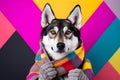 Studio portrait of a wolf wearing knitted hat, scarf and mittens. Colorful winter and cold weather concept