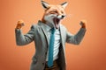 Studio portrait of young amazed excited fox in suit. created with Generative AI technology