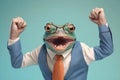 Studio portrait of young amazed excited frog in suit. created with Generative AI technology