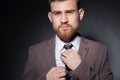 Studio portrait of a young bearded handsome guy of twenty-five years old, in an official suit, tightens his tie. On a dark