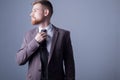 Studio portrait of a young bearded handsome guy of twenty-five years old, in an official suit, tightens his tie. On a dark