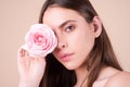 Studio portrait of young beautiful woman with roses. Close-up portrait of a beautiful young girl with a pink rose near Royalty Free Stock Photo