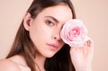 Studio portrait of young beautiful woman with roses. Close-up portrait of a beautiful young girl with a pink rose near Royalty Free Stock Photo