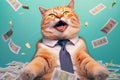 happy amazed excited cat in a suit catching money, created with Generative AI technology Royalty Free Stock Photo