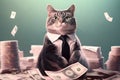 happy amazed excited cat in a suit catching money, created with Generative AI technology Royalty Free Stock Photo