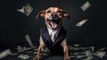 Studio portrait of young happy amazed excited dog in a suit cathcing money. Generative ai