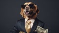 Studio portrait of young happy amazed excited dog in a suit cathcing money. Generative ai