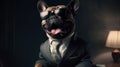 Studio portrait of young happy amazed excited dog in a suit cathcing money. Generative ai