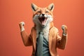 Studio portrait of young happy amazed excited fox in a suit, created with Generative AI technology