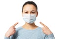 Studio portrait of young woman wearing a face mask, looking at camera, close up, isolated on gray background. Flu epidemic, dust