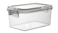 Transparent rectangular plastic food storage container with secure latch lid on white background. isolated on white background Royalty Free Stock Photo