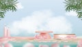 Studio room with peach cylinder, pink rose,candle on sea beach with palm leave and clouds on blue sky background.Vector 3d