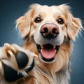 Dog offers paw to viewpoint, in studio setting