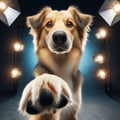 Dog offers paw to viewpoint, in studio setting