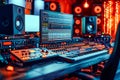 Studio setup with computer monitor and two large speaker systems on either side of the room along with other sound Royalty Free Stock Photo