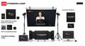 Studio setup for live streaming with equipment including a black backdrop displaying Royalty Free Stock Photo