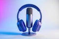 Studio setup professional headset and condenser microphone for audio recording and podcast production. Generative AI Royalty Free Stock Photo