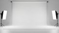 Studio setup with white seamless backdrop and two softbox lights on stands on either side Keywords: studio, white Royalty Free Stock Photo