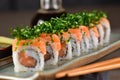 Salmon sushi roll aligned on plate Royalty Free Stock Photo