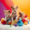 Studio shoot showcases the charm of a young lion cubs placed in a meticulously designed 3D scene