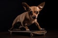 Studio shot of an adorable dog standing on a skateboard.